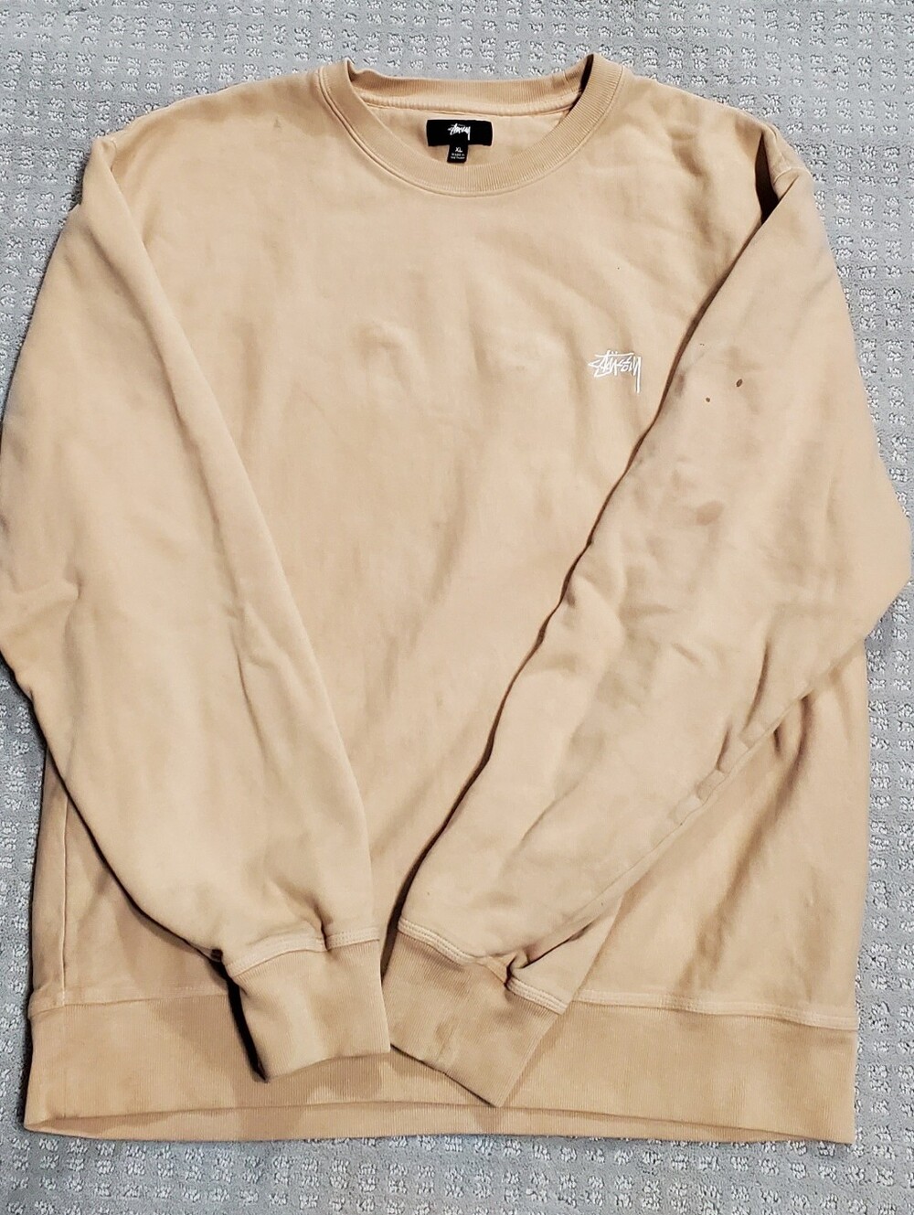 Stussy Men's Beige Fleece Cotton Crewneck Pullover Sweatshirt Logo Size XL